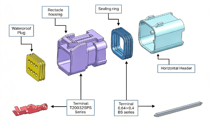 Exploded view of HRB 2.0mm cost-effective type dual‑row wire‑to‑board waterproof connector, housing, silicone seals, pcb header and crimp terminals Widok rozstrzelony ekonomicznego, dwurzędowego wodoodpornego złącza przewód-płytka HRB 2,0 mm, obudowy, uszczelek silikonowych, złącza PCB i końcówek zaciskanych