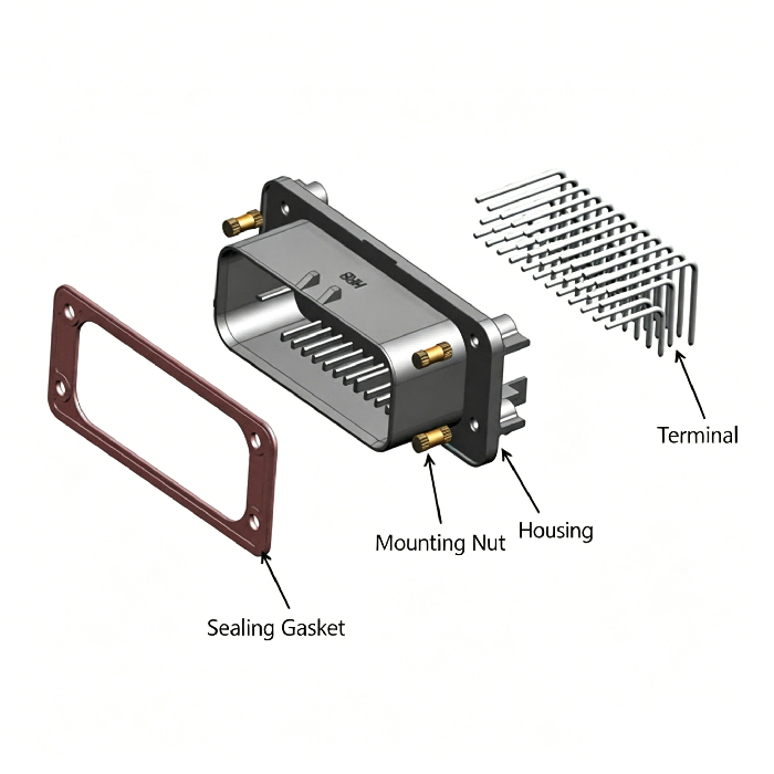 Exploded view of HRB M4021R series right angle PCB board waterproof connector Widok rozstrzelony wodoodpornego złącza kątowego płytki PCB serii HRB M4021R
