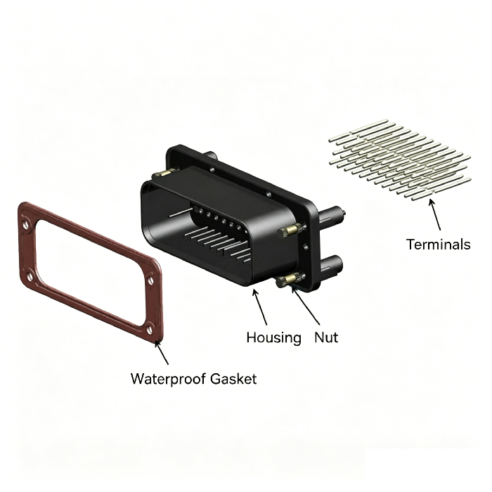 Exploded view of HRB M4021 series vertical PCB board waterproof connector Widok rozstrzelony pionowego złącza wodoodpornego płytki PCB serii HRB M4021