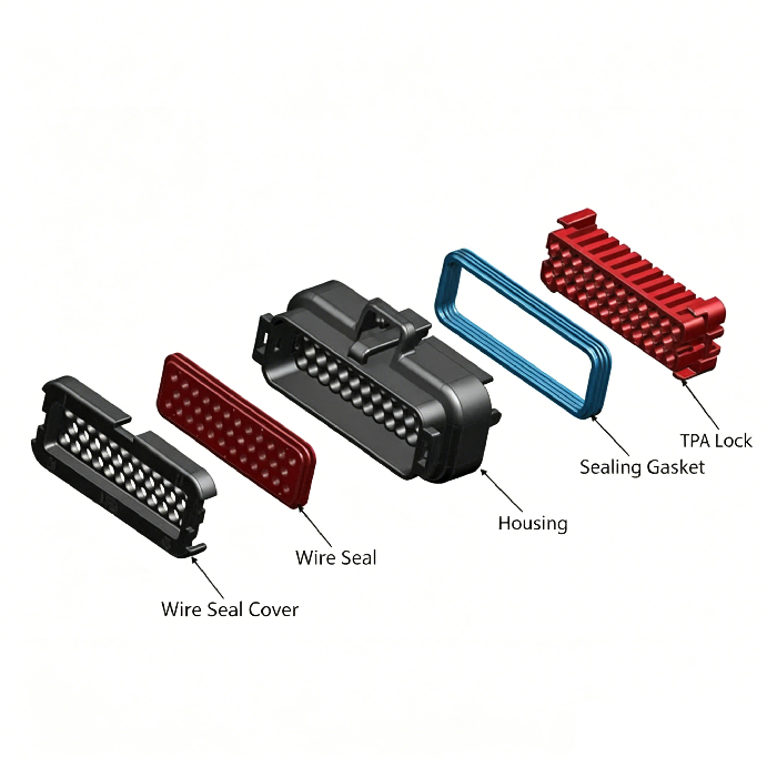 Exploded view of HRB M4022 series IP69K receptacle waterproof connector Widok rozstrzelony wodoodpornego złącza gniazdowego IP69K serii HRB M4022