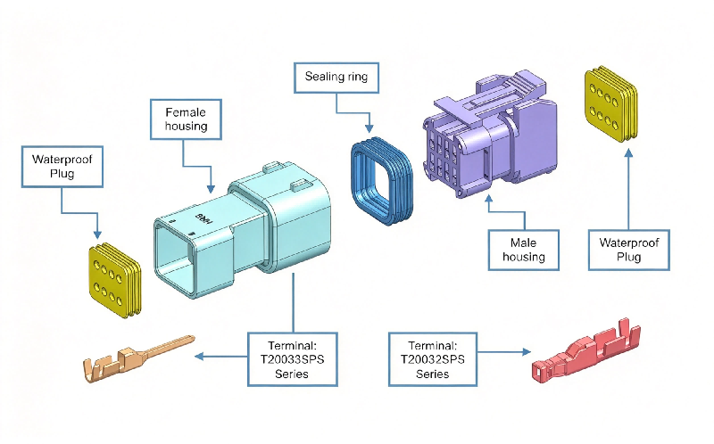 Exploded view of HRB 2.0mm cost-effective type wire‑to‑wire waterproof connector, male & female housing, silicone seals and crimp terminals Widok rozłożony na części ekonomicznego wodoodpornego złącza przewód-przewód HRB 2,0 mm, obudowy męskiej i żeńskiej, uszczelek silikonowych i końcówek zaciskanych